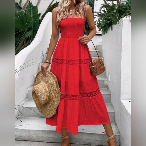 Dresses & Skirts - New Boho Embroidered Lace Strapless Tube Top Midi Dress Red